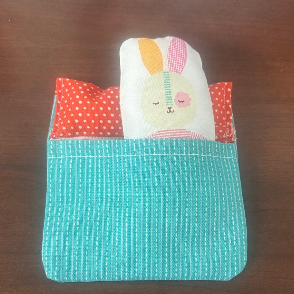 Cute Bunny Plush with Teal and Red Pillow Set. Soft set for kids to play with.
